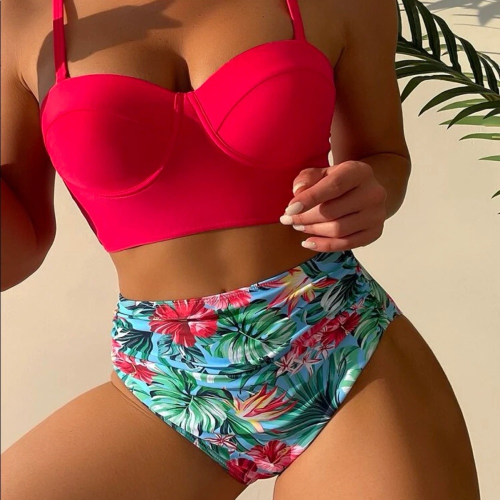 Watermelon red/tropical print push up SHEIN bikini.